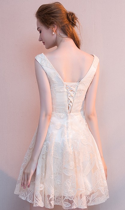 Ivory Lace Short V-neckline Lovely Homecoming Dresses, Cute Short Prom Dresses Party Dresses